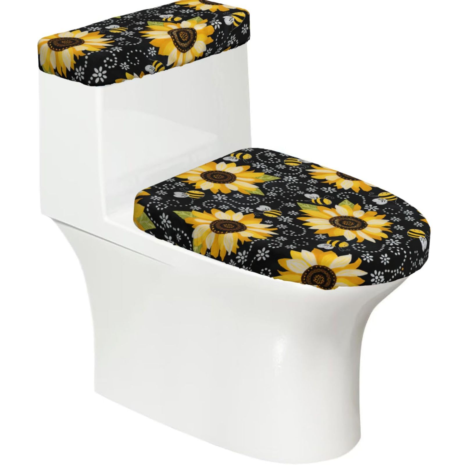 Sunflower bee Printed Toilet Tank and Lid Cover Set of 2 for Most Bathrooms, Fits Elongated Round Toilets
