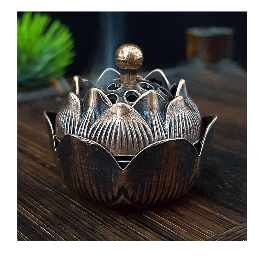 SPHINX Japanese Antique Incense Burner for Pooja & Meditation | Multi-Purpose Dhoop Daan, Loban & Camphor Holder | Compatible with Incense, Cones & Coils- (1, Lotus Shape, Metallic)