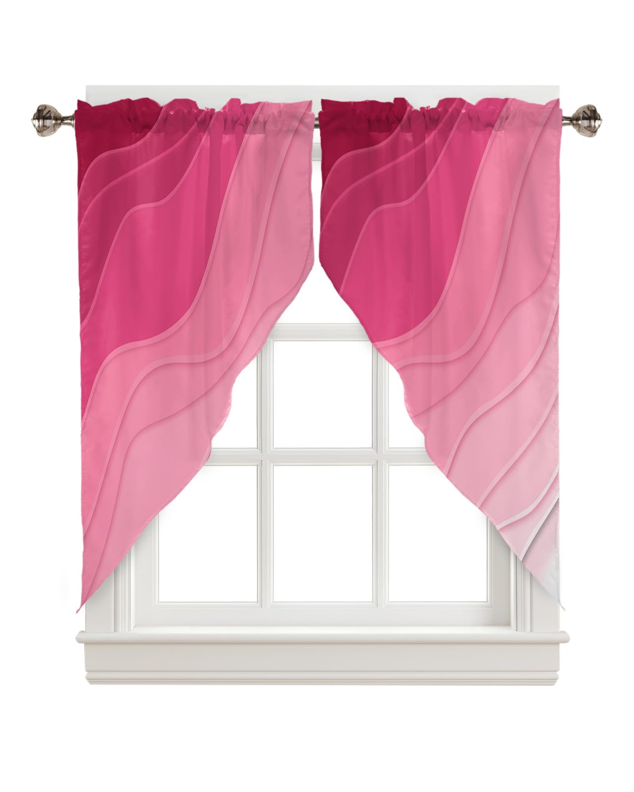 BEMIGO Swag Valances for Windows, Valentines Day Pink Waves Rod Pocket Kitchen Farmhouse Window Curtains Over Sink, Ombre Stripes Farmhouse Swag Curtains,2 Panels, 36 Inches Length