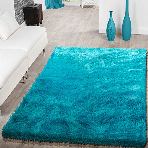 T&T Design Teppich Wohnzimmer Hochflor Teppiche Modern Elegant Weich Schimmer In Uni Türkis, Größe:80x150 cm Cover