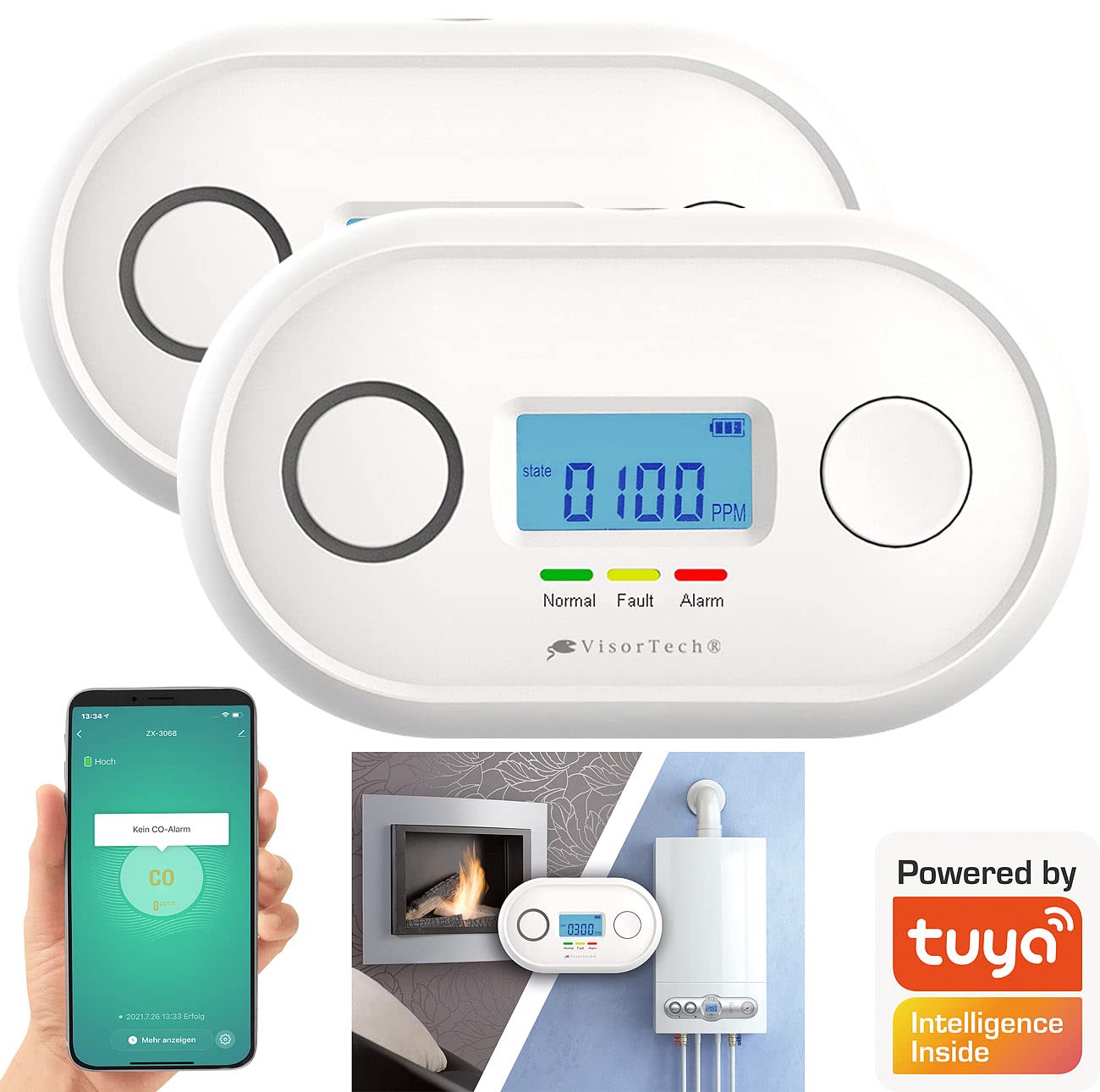 2 détecteurs de monoxyde de carbone connectés DIN EN 50291-1 [VISORTECH]
