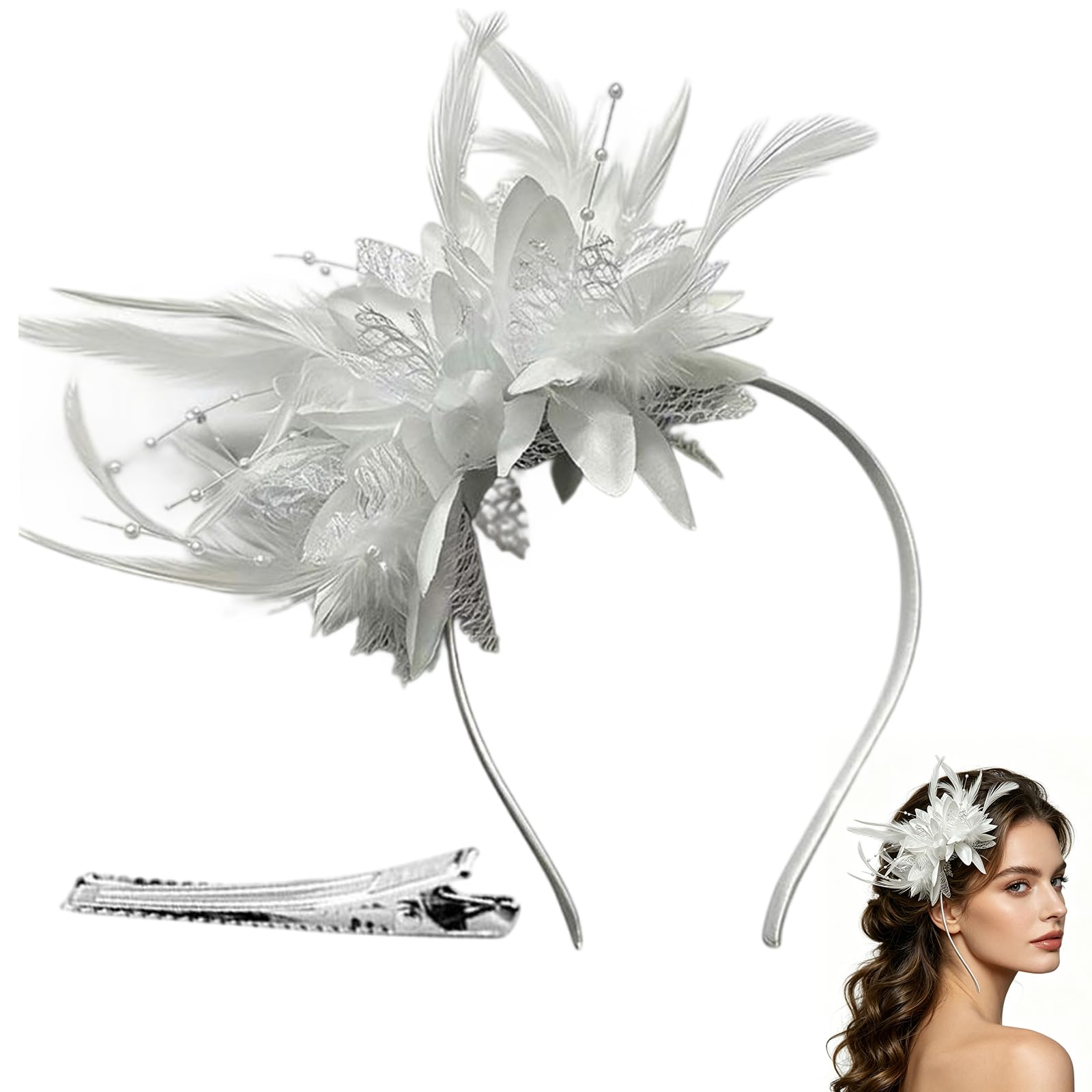 FUNLOV Feather Pearl Veil Headband with a Forked Clip for Girls & Women, Fascinators Hat Flower Mesh Ribbons Feathers on a Headband Tea Party Headwear for Wedding Cocktail Dresses Accessories (White)