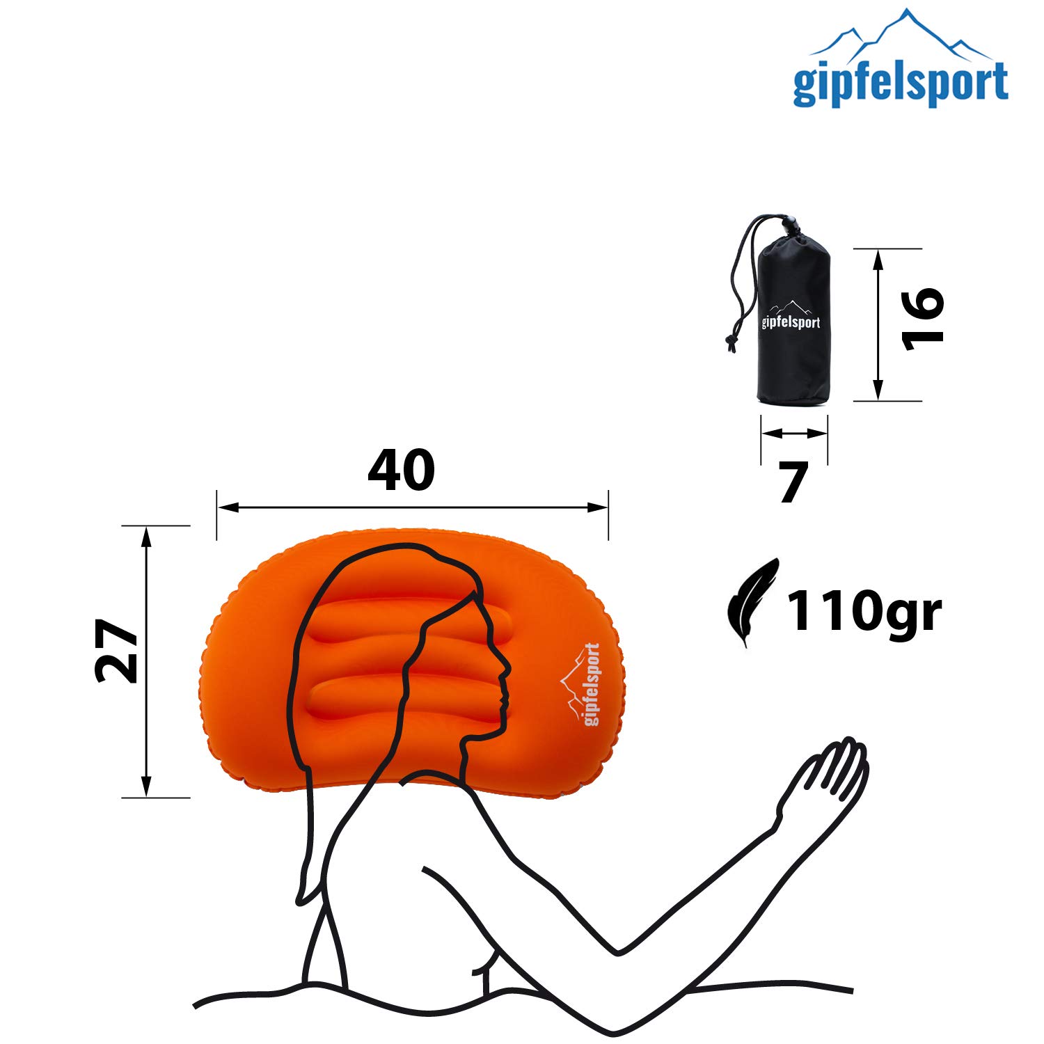 gipfelsport Poduszka kempingowa – Poduszka podróżna I Nadmuchiwana poduszka na podróż, kemping, trekking, plażę I Poduszka plażowa, Poduszka, Poduszka do pływania I Pomarańczowa I bez pokrowca