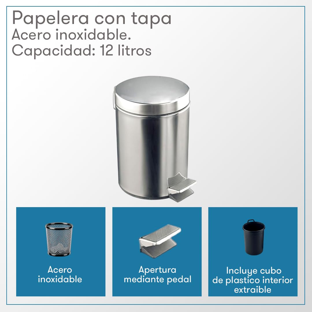 Rocada | Papelera con Pedal - Acero Inoxidable - Cubo Interior Extraíble - Cierre Amortiguado - Capacidad de 12 Litros - Medidas 25 x 40 x 25 cm - Uso Diario