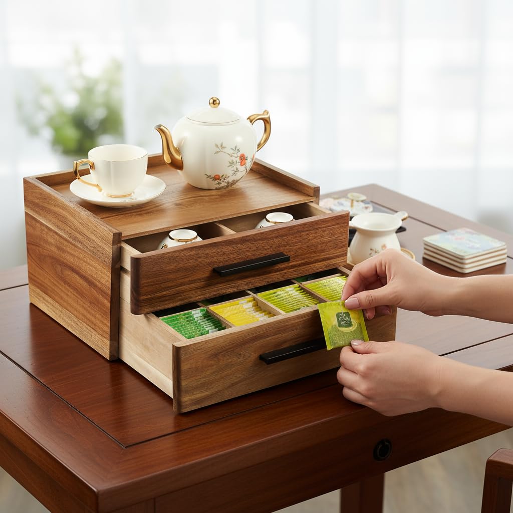 Teebeutel-Organizer aus Akazienholz mit Geschenkbox, Teebox mit doppelter Schublade, Teezubehör für Tee-Organizer und Aufbewahrungsbox, Teestation Truhe Caddy für Arbeitsplatte, Schrank, Büro (16