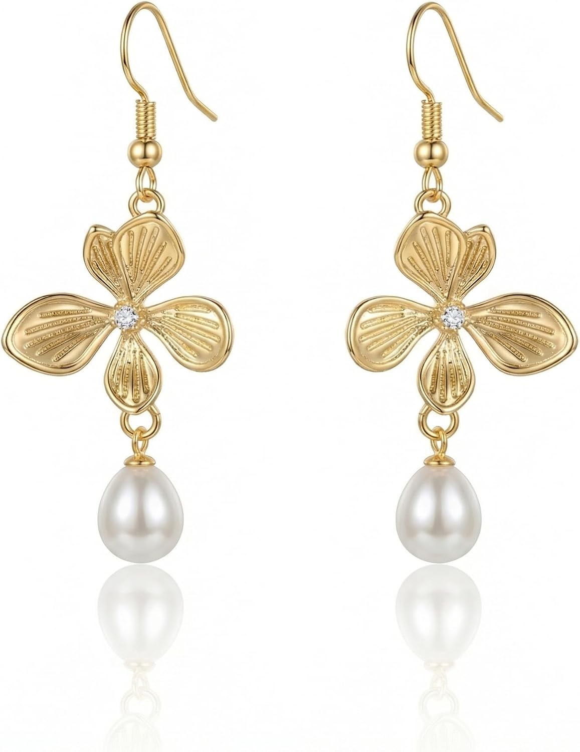 BELLA-Bee Gold Plated Flower Drop Earrings for Women, Dangle Earrings with Pearl, Hypoallergenic Gold Earrings for Sensitive Ears, Elegant Jewelry Gifts