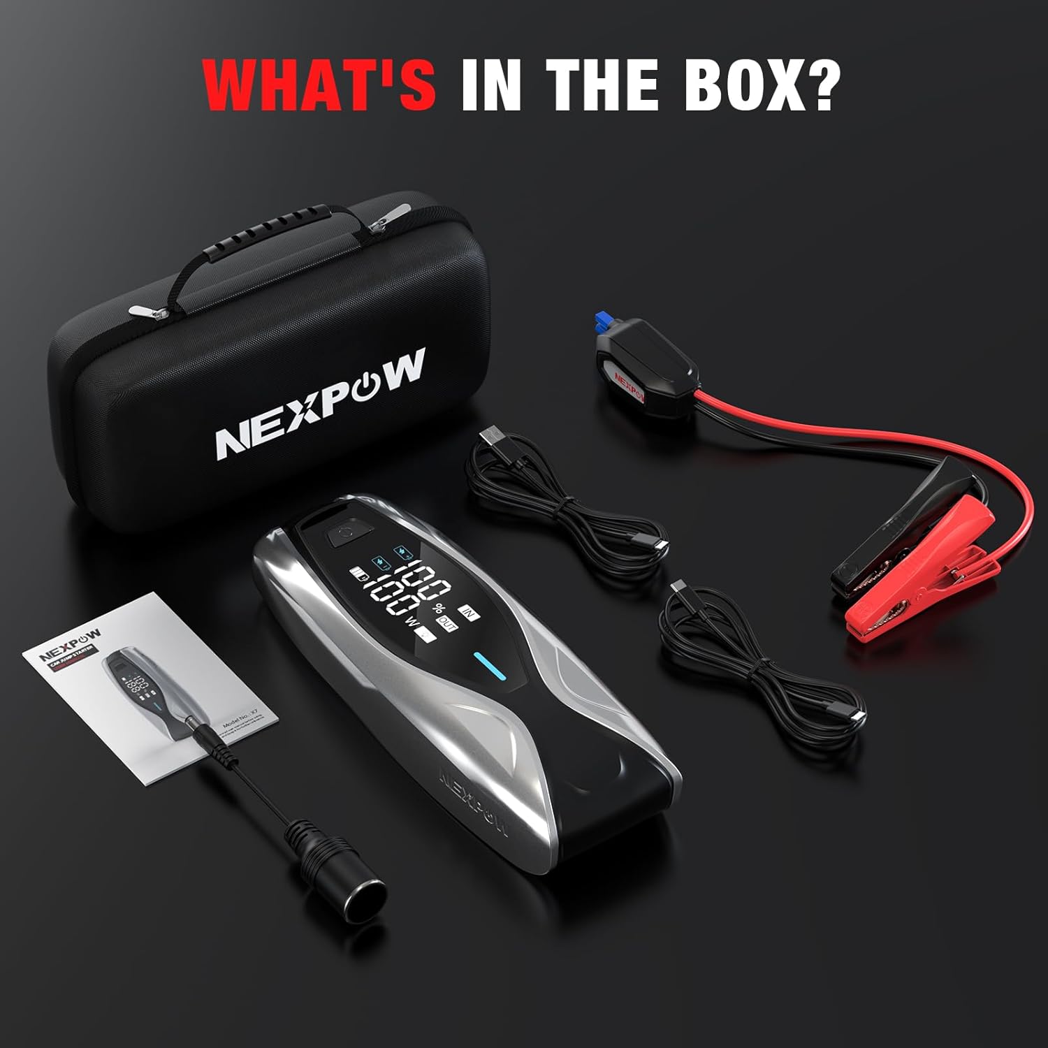 All components of the NEXPOW T11 and X7 Portable Car Jump Starter kit laid out