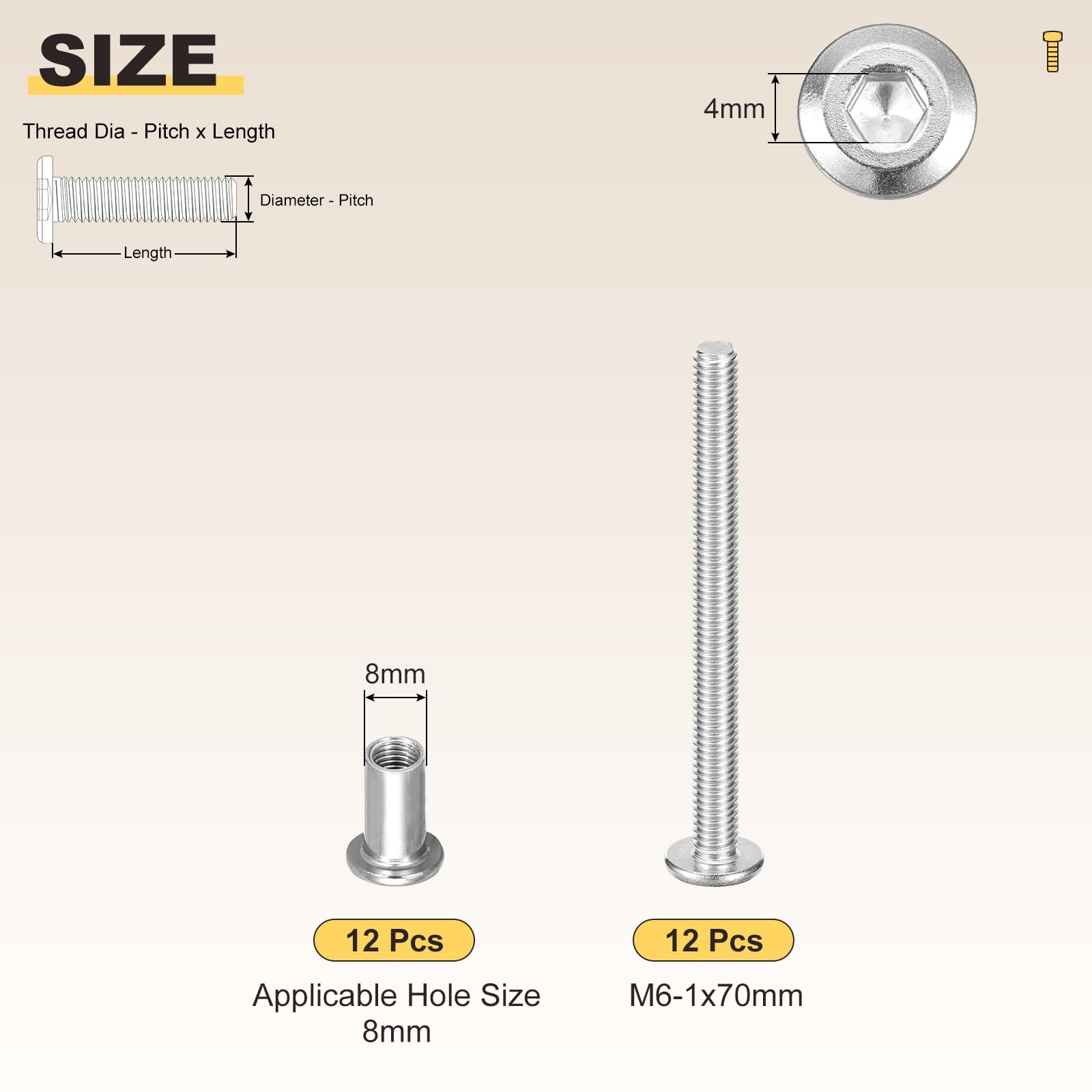 METALLIXITY Crib Screws Replacement Set(M6-1x70mm) 24Pcs, Stainless Steel Connector Bolts M6 Screw Barrel Nuts Binding Screws - Image 2