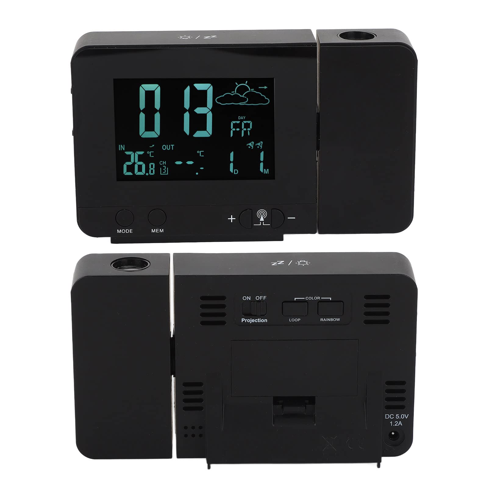 Zerodis Projektionswecker, Temperaturanzeige, 8 Farben mit Hintergrundbeleuchtung, Einstellbare Schlummerfunktion, USB-Wecker für Zuhause (EU-Stecker)