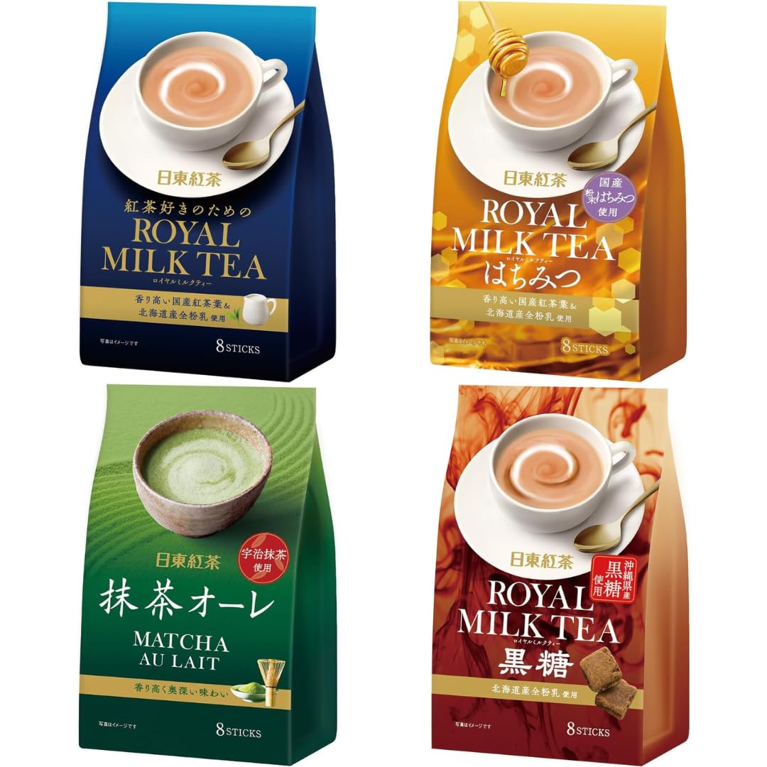 Nitto Royal Milk Tea Assortment – Original, Honey, Matcha Latte & Brown Sugar – 32 Sticks Total (8 Each) – Japanese Instant Milk Tea Variety Set