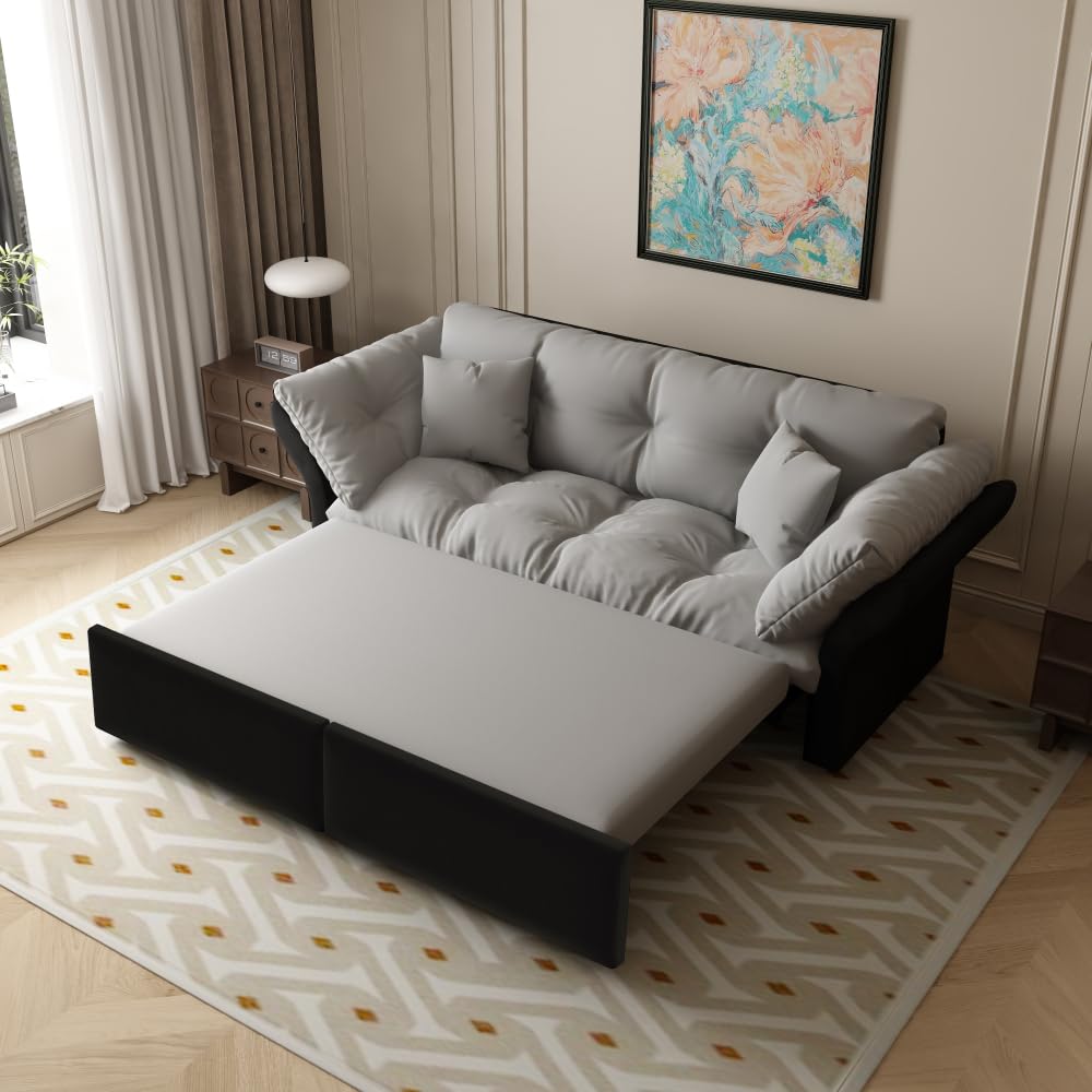 Sapgaks Canapé lit gigogne 190 cm (Taille Queen),canapé Convertible 3 en 1 avec capitonnage et 2 Coussins Moelleux, revêtement en Velours Multifonctionnel (Gris Clair)