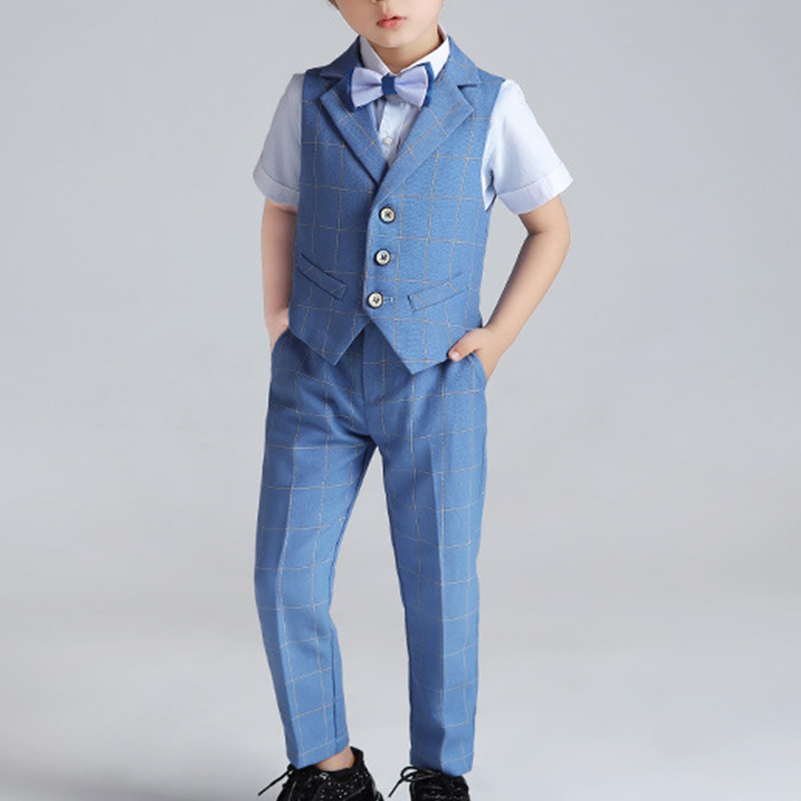 HONGBI Completo Formale 3 Pezzi per Ragazzo,Set di Abbigliamento per Bambini e Ragazzi(Gilet, Pantaloni, Papillon) Abito Gilet Estivo per Bambini per Battesimo Cerimonia Festa Matrimonio Compleanno