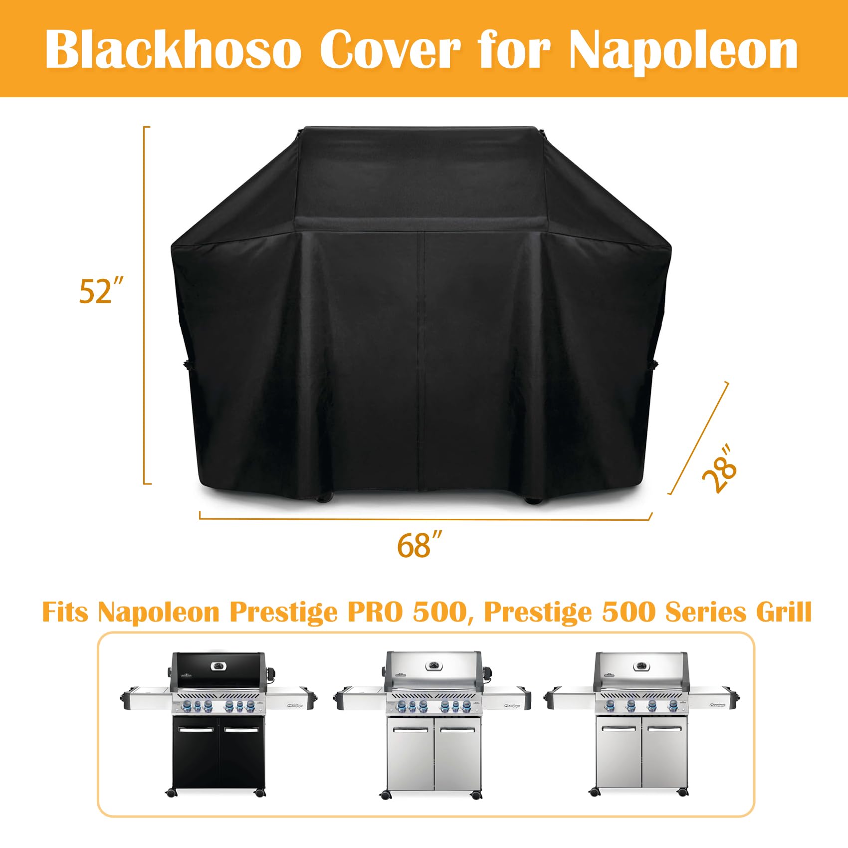 Grillabdeckung 61500 für Napoleon Prestige PRO 500 und Prestige 500 Grill, 600D strapazierfähiges PU-Material, wasserdichte Grillabdeckung, Klettverschluss, verstellbare Schnallenriemen