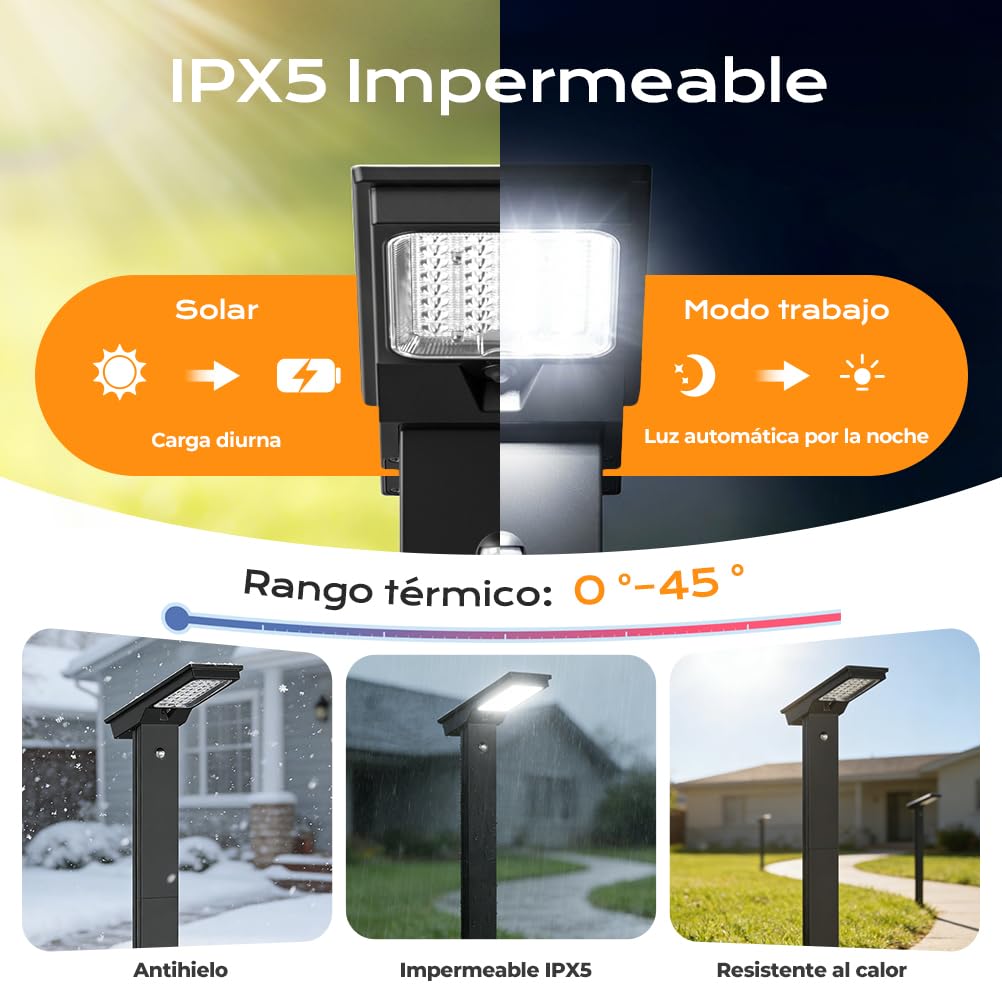OUSFOT Luces Solares Exterior Jardin con Sensor de Movimiento, 4400mAh Luz Solar Exterior Jardin 2 piezas, 32 LED 6500K Impermeable Focos Solares para Exterior, Avenidas, Caminos y Prados