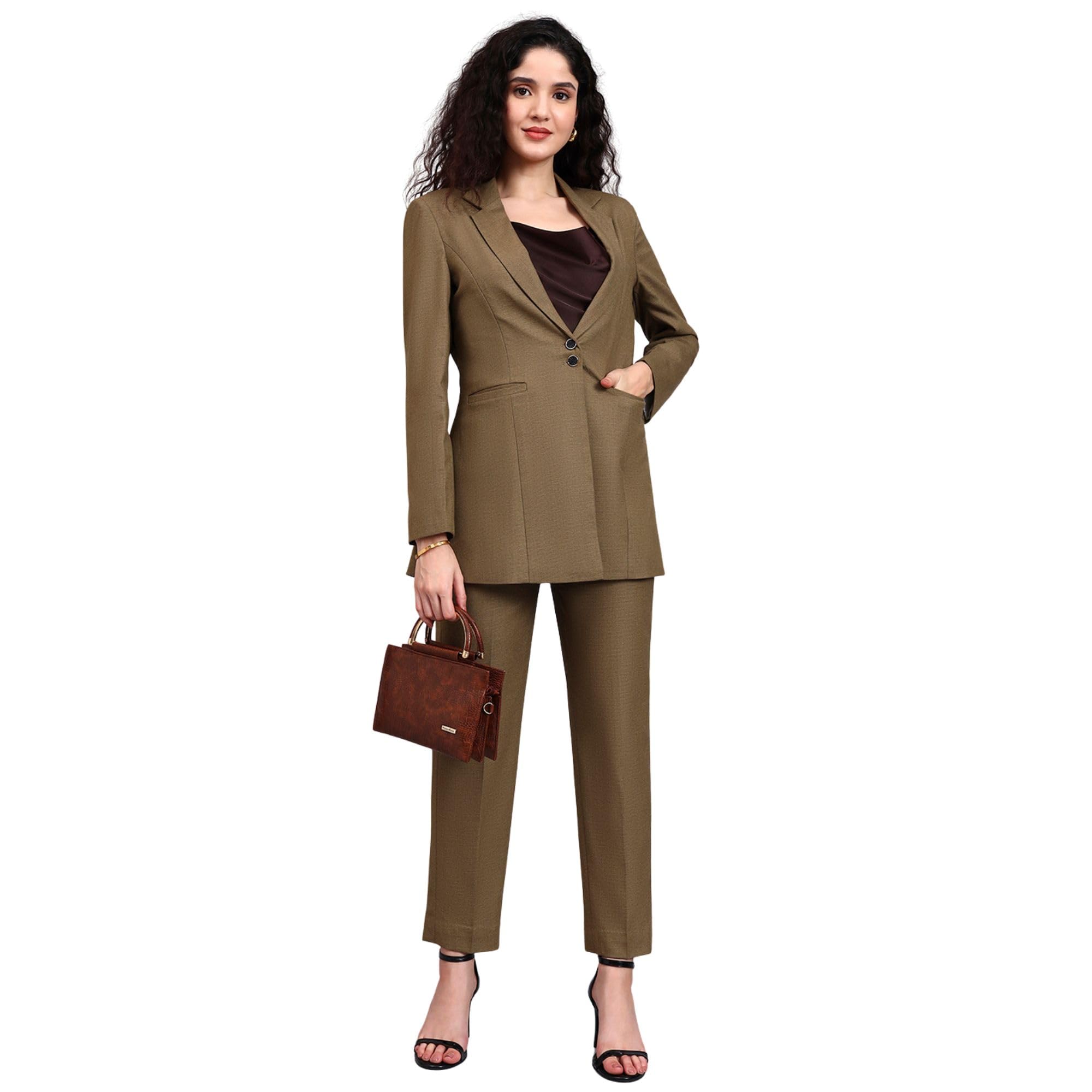 powersutra Classic Beige Checked Suit Set for Women | Structured Double-Breasted Blazer with Straight-Fit Trousers | Formal Office Wear | Poly Viscose Stretchable Fabric-picture-15