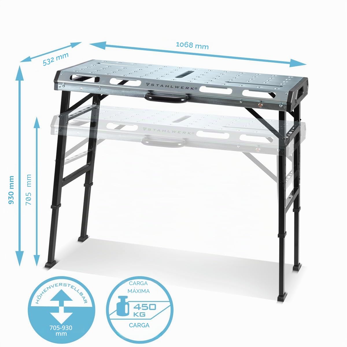 STAHLWERK AWT-930 ST - Mesa de soldadura móvil, 1068 x 532 mm, regulable en altura, plegable, banco de trabajo, mesa de montaje con rango de elevación de 705 a 930 mm, capacidad de carga 450 kg y