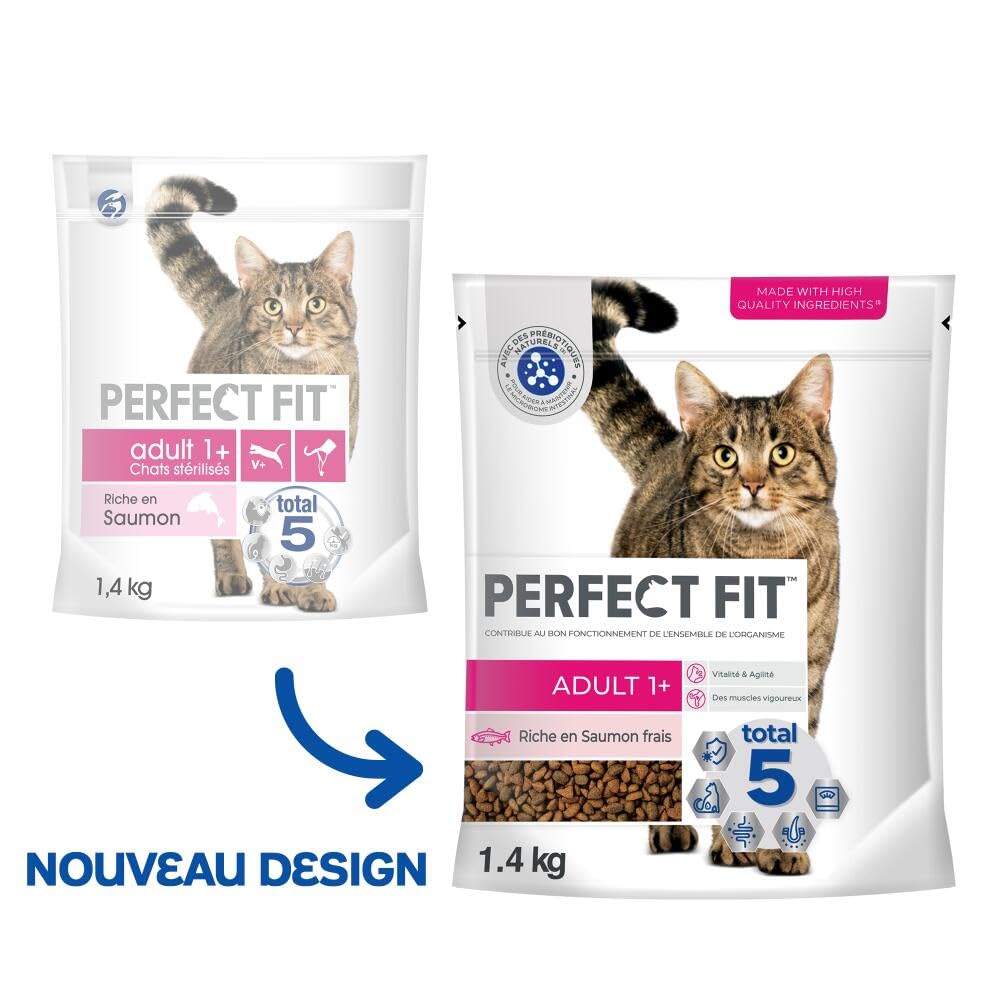 PERFECT FIT Adulte 1+ Croquettes pour chat adulte – Répond à des besoins spécifiques d'un chat stérilisé – Nourriture Riche en Saumon – 1,4 kg (Lot de 5)