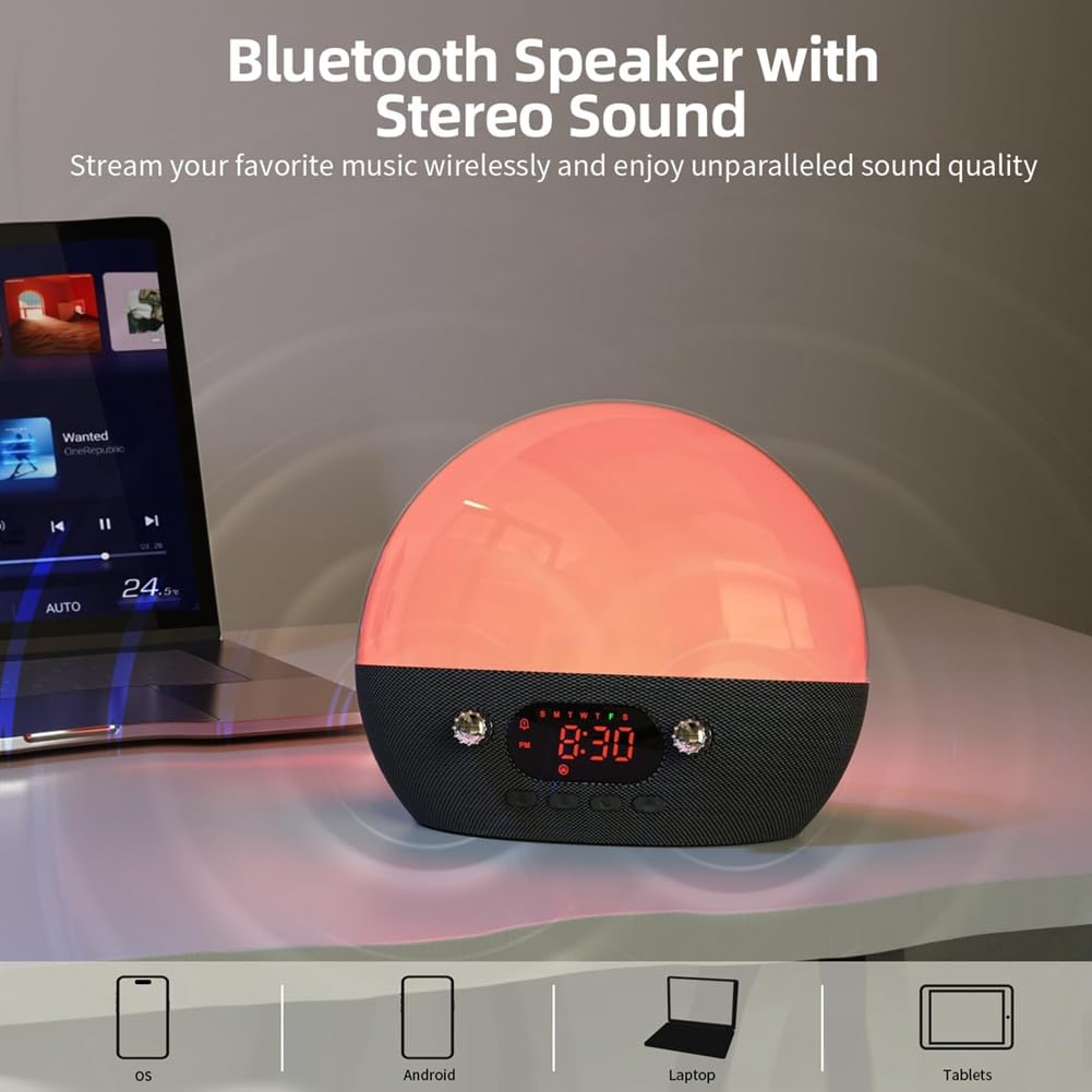 Despertador de Amanecer Altavoz Bluetooth para Dormitorio 11 Máquina de Sonido de Ruido, Luz de Noche de Atardecer Luz de Despertador para Niños