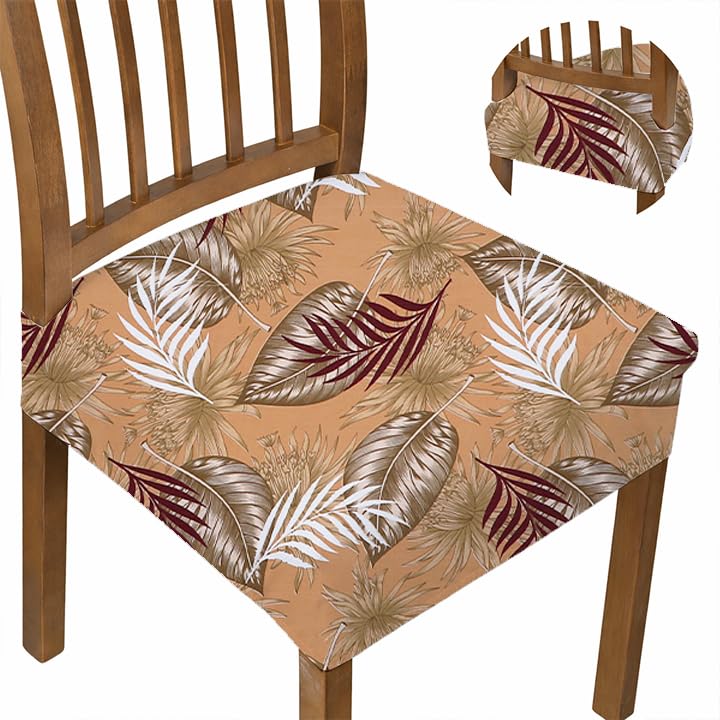 Image of Stretchable Dining Chair seat Cover Set of 6 Seater Elastic Washable Chair Protector for Dining Room, Office and Restaurant, Universal fit Printed Spandex Fabric-Brown Leaf