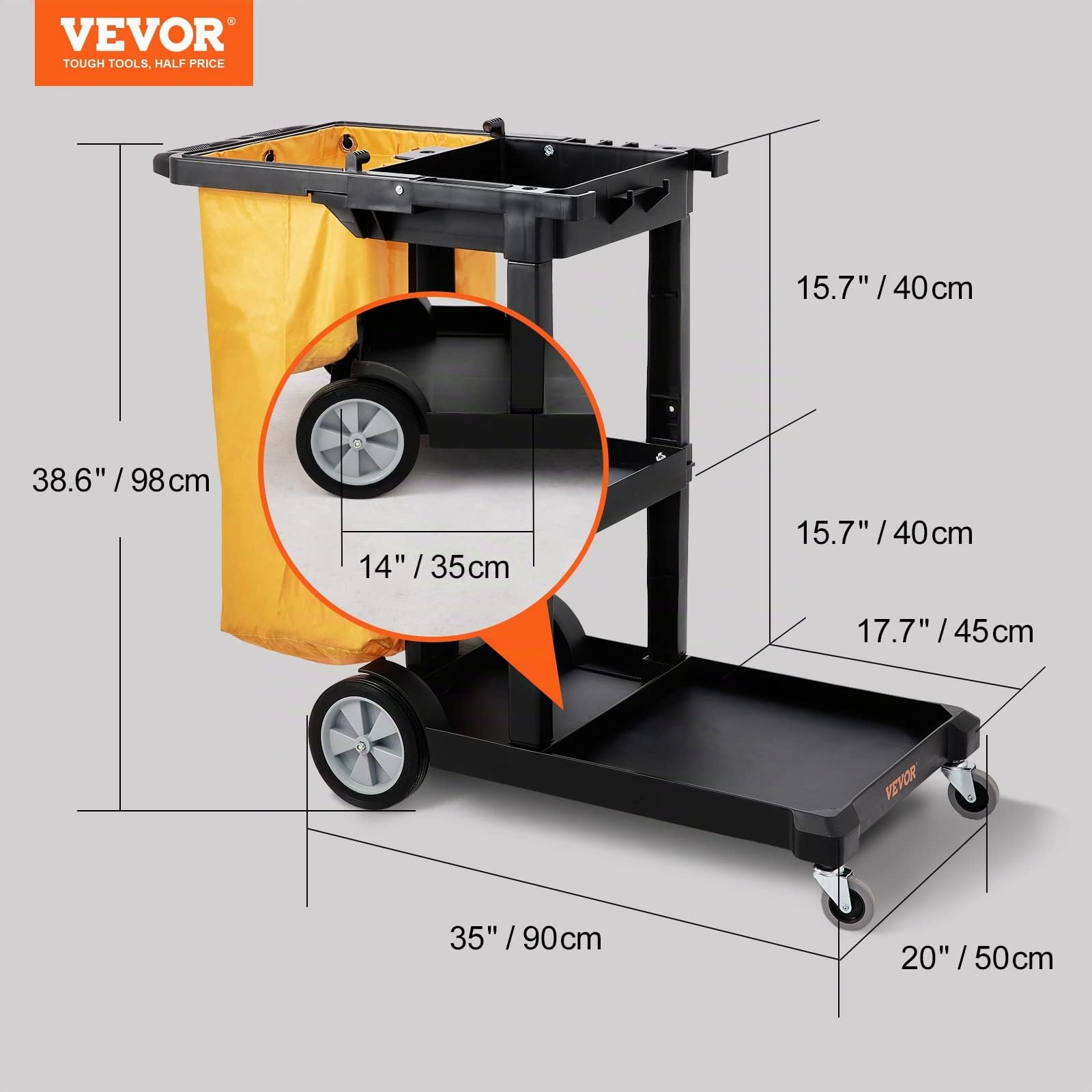 VEVOR Reinigungswagen Putzwagen 3 Fächer 90,7 kg Tragfähigkeit Schwarz PP inkl. PVC-Müllsack & Handschuhe