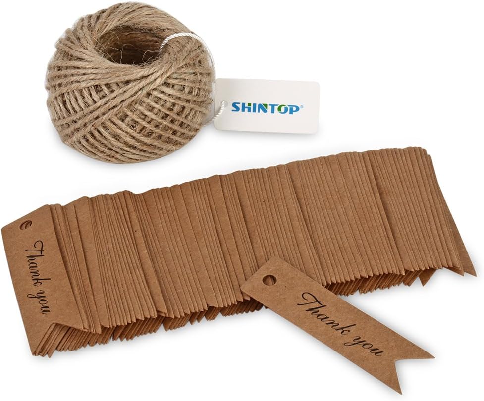 Shintop Thank You Tags - 100PCS Kraft Paper Gift Tags Bonbonniere Favor Wedding Hang Tags with Free 100 Feet Natural Jute Twine (Brown)