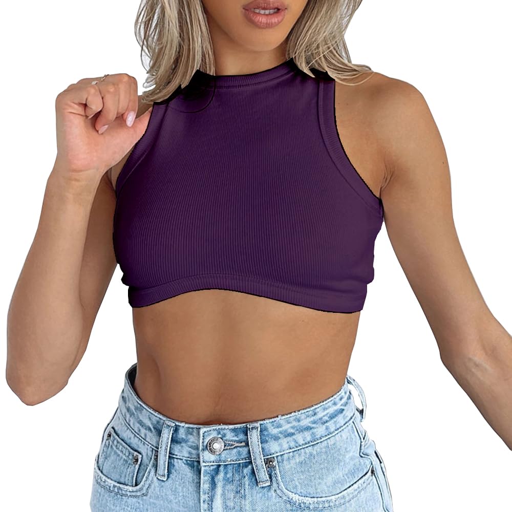 Dwnval Womens Summer Halter Tops Cutout Sleeveless Crewneck Racerback Ribbed Knitted Crop Tank Top - Small - Deep Purple