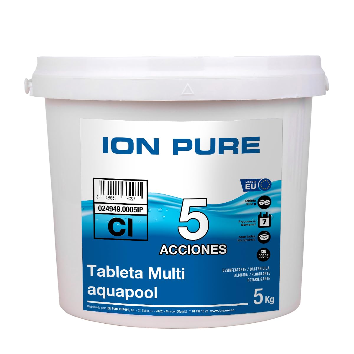 Cloro Compacto 5 ACCIONES Ion Pure (5 KG) - Pastillas de Cloro multifunción - Disolución Lenta - Apto Piscinas Liner