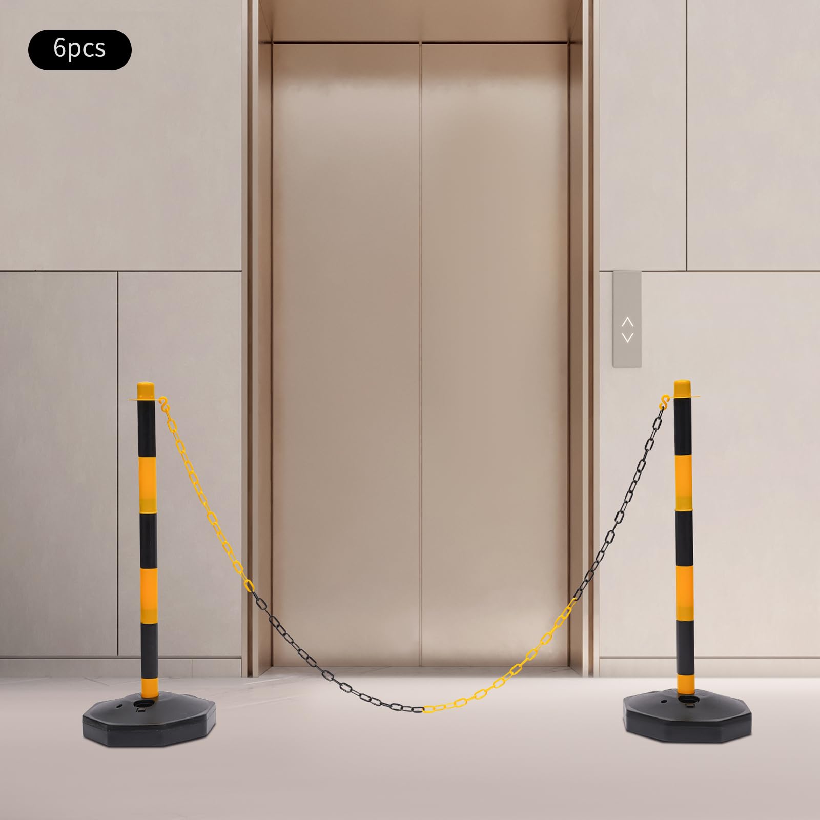 6 postes de barrera, amarillos y negros, con 5 cadenas, altura ajustable, barreras de seguridad, para hoteles, aparcamientos, recepciones, etc