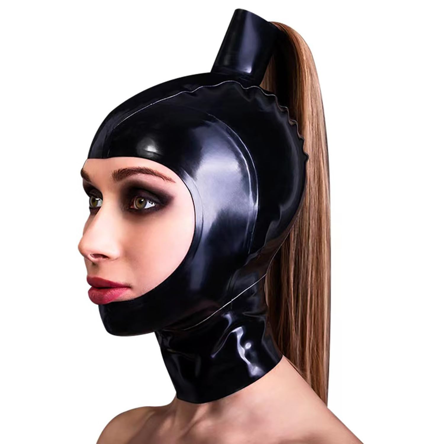 WXLPCGO Latex Hood Rubber Head Mask with Wig Ponytail Exposed Mouth Back Zipper Handmade Natural latex for Unisex(Size:XL-70CM)