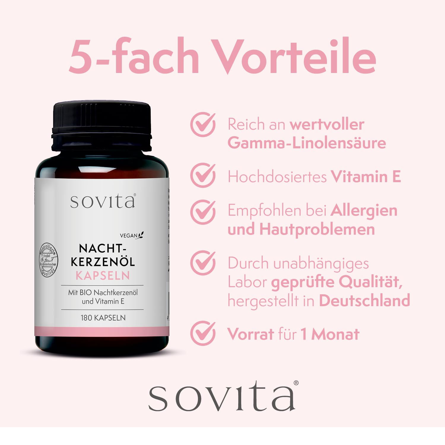 sovita Nachtkerzenöl-Kapseln | Mit den mehrfach ungesättigten Fettsäuren Linolsäure und Gamma- Linolensäure sowie natürlichem Vitamin E | Nahrungsergänzungsmittel | 180 Kapseln