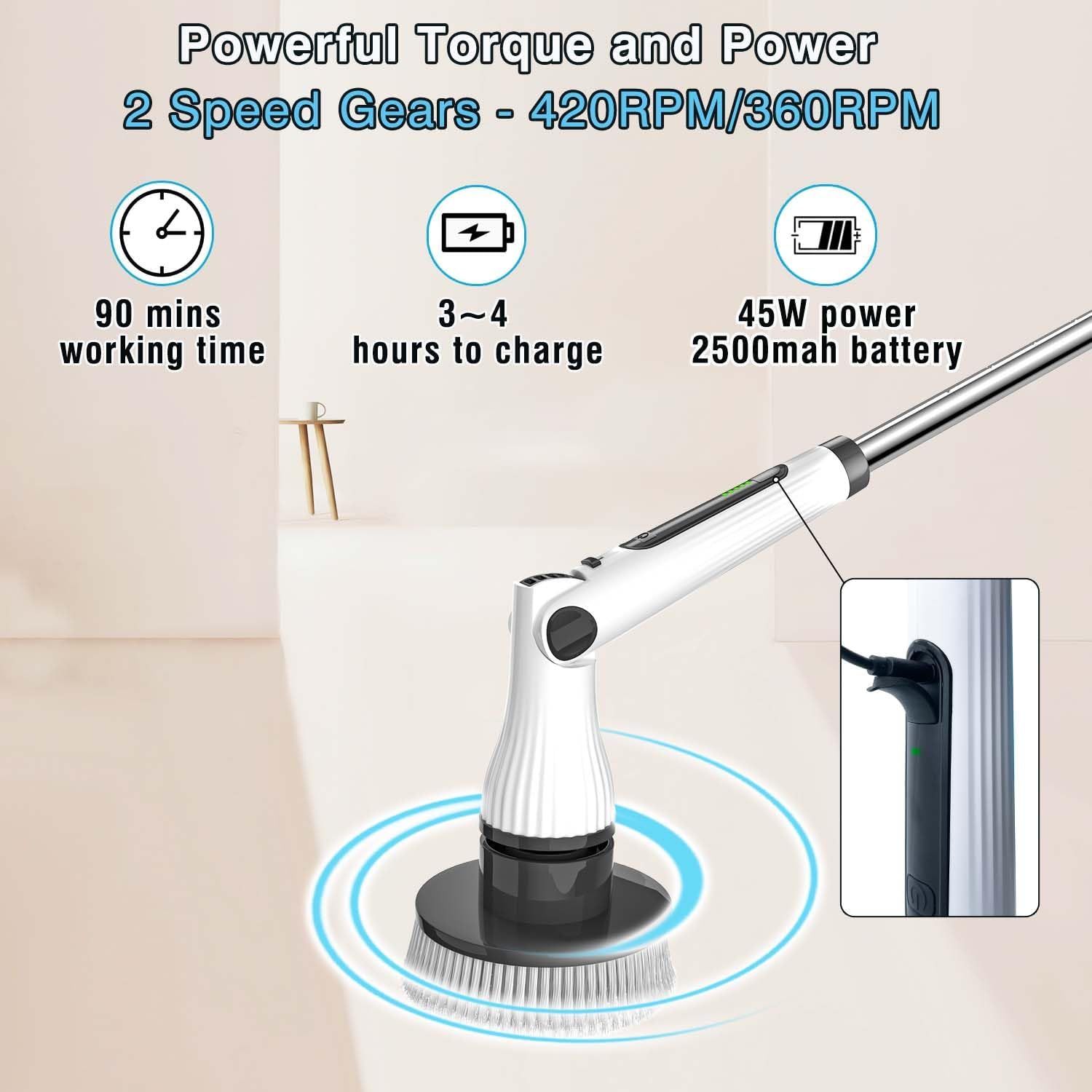 MGLSDeet Cepillo de limpieza eléctrico giratorio, cepillo de limpieza inalámbrico portátil recargable, 7 cabezales de nailon reemplazables para baño, cocina, azulejos, fregadero, ventana, suelo,