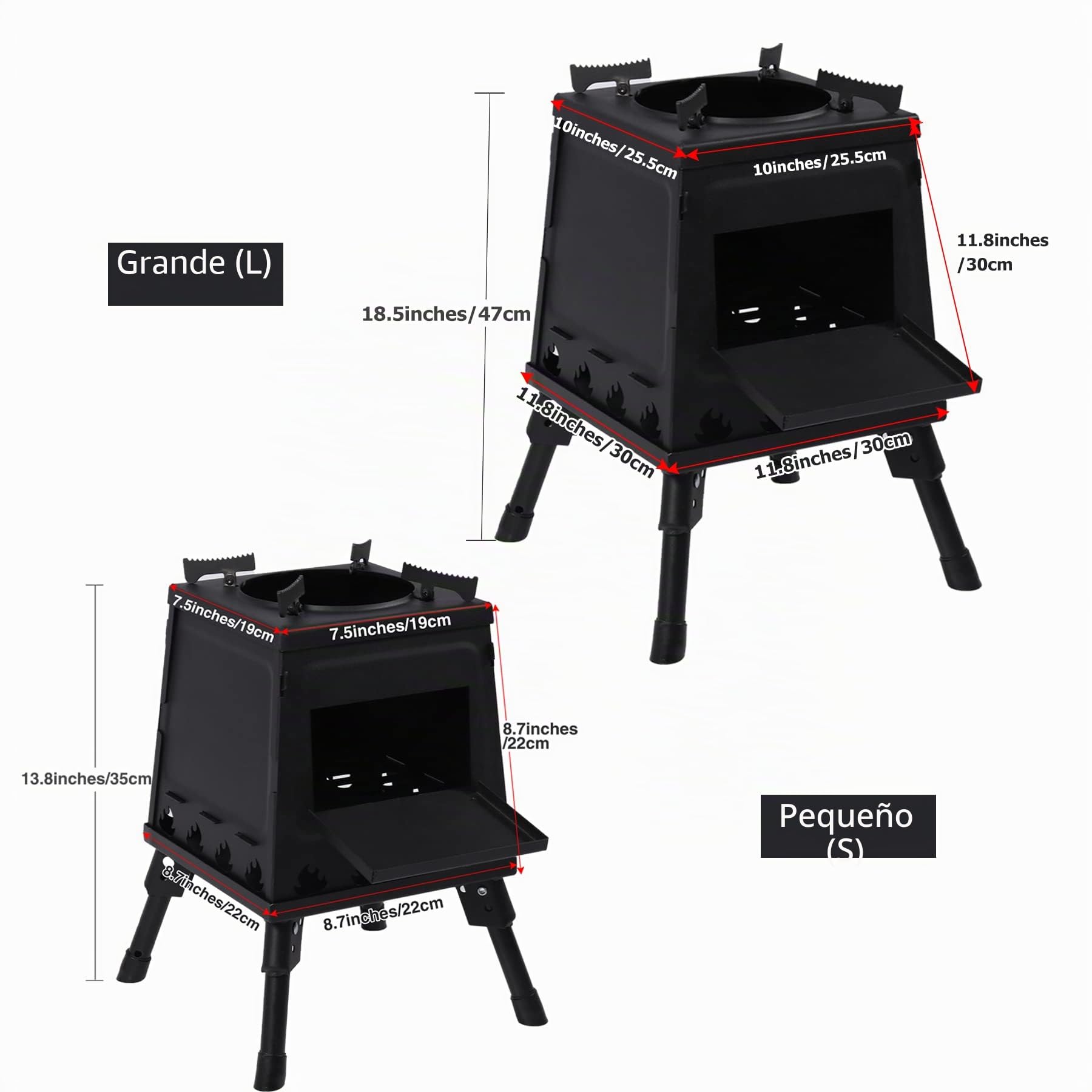 Estufa de Leña Portátil de Hierro Fundido para Camping, Negra Con Funda de Transporte para Mochileros, Cocina Al Aire Libre, Grande