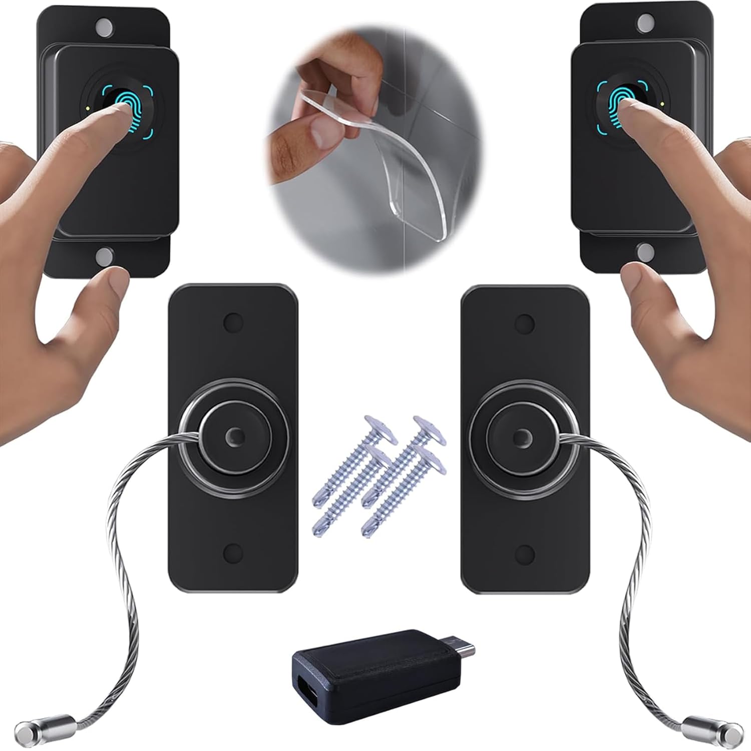 2-Pack Fingerprint Refrigerator Cable Lock Childproof Security for Filing Cabinet Door Drawer Freezer 90 Degree Window Lock French Fridge Latch RV Furniture Anchors Anti Tip, Adhesive/Drill