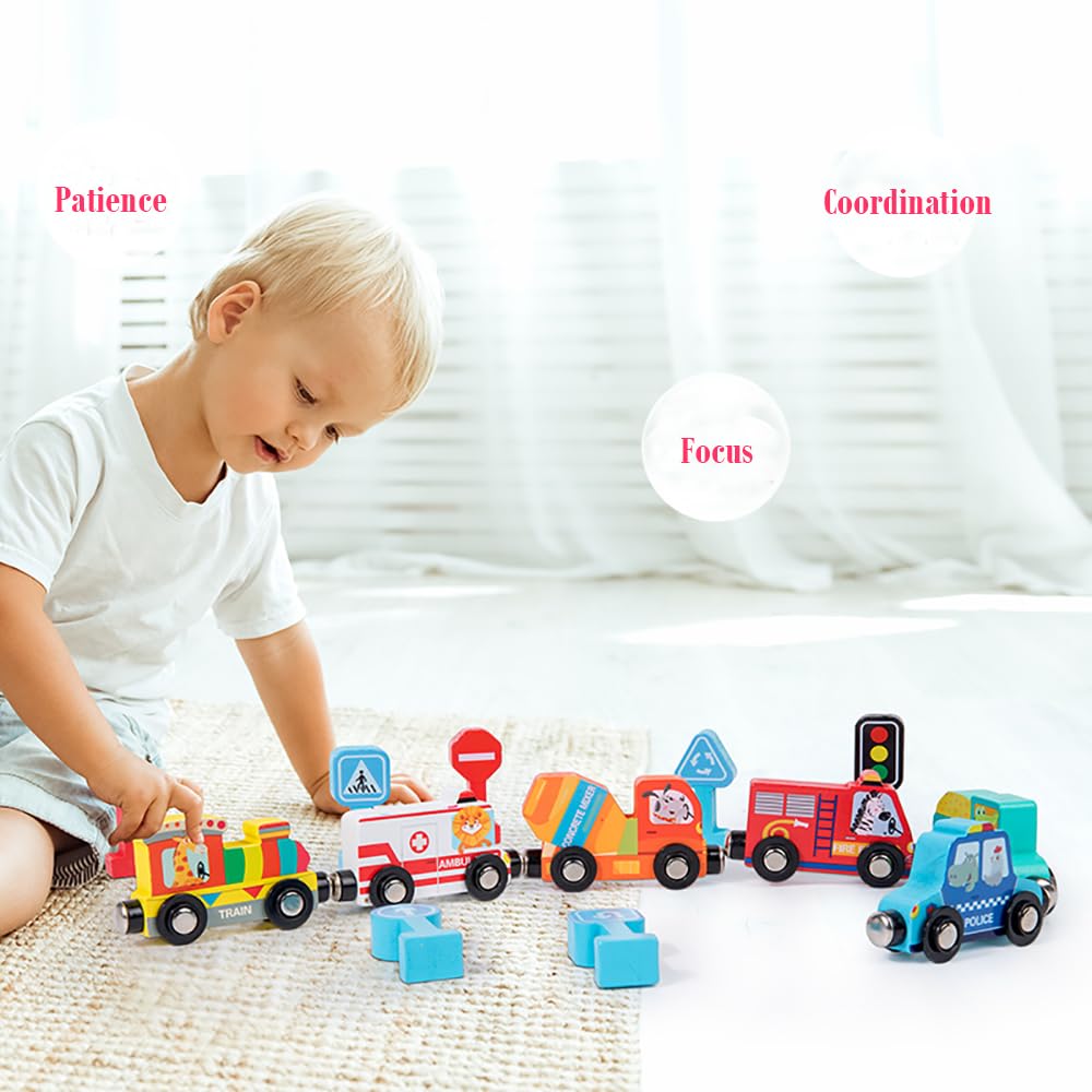 Astrowinter Wooden Trains Cars with Traffic Signs, Magnetic Train Cars Toy Set for Toddlers and Kids AW-067-UK-B - Image 2