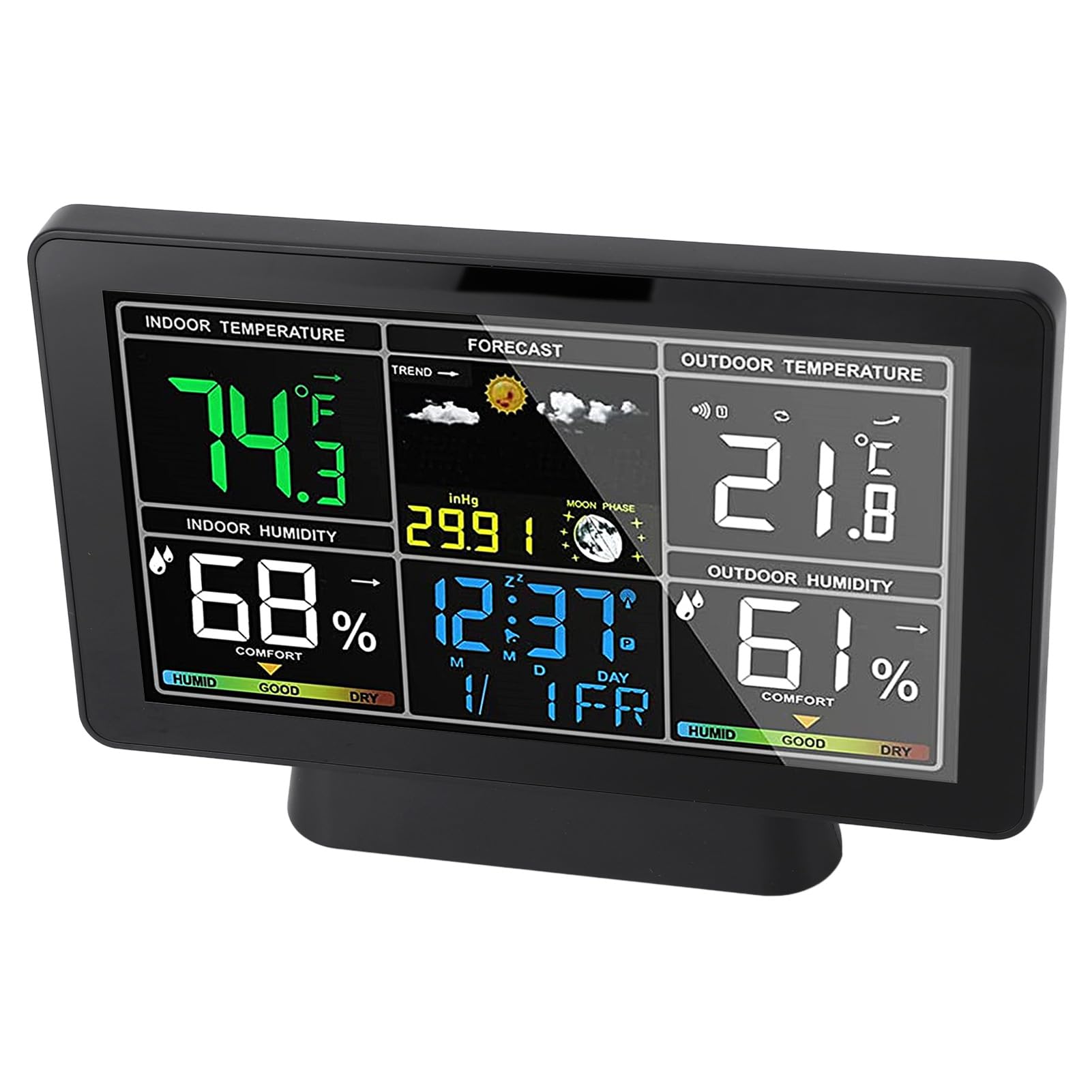 Thermomètre intérieur et extérieur sans fil de 7,5 pouces avec écran couleur rétroéclairé réglable, jauge de température d'humidité avec prévisions météorologiques, pression
