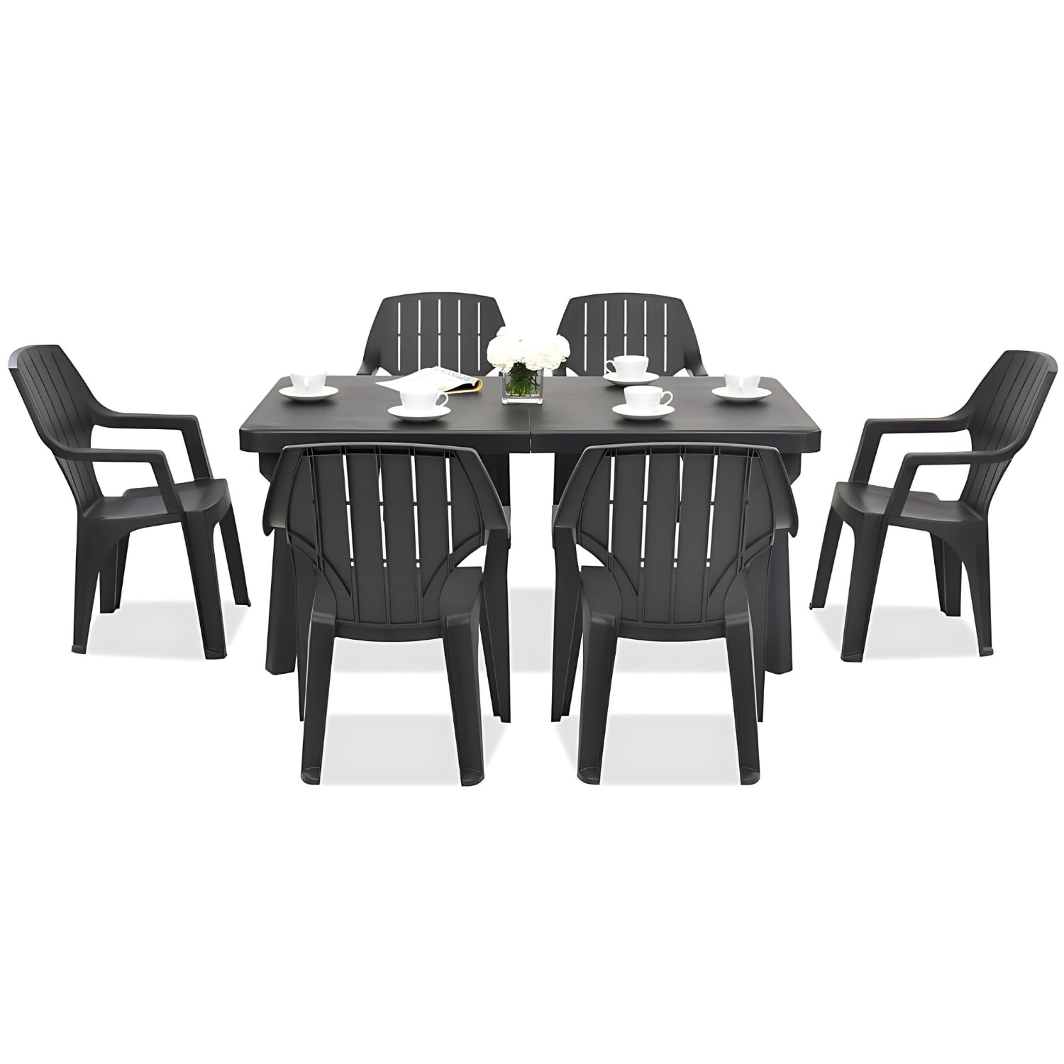 Tomaino Set Tavolo E 6 Sedie Da Giardino In Plastica Allungabile Impilabile Norden Nero