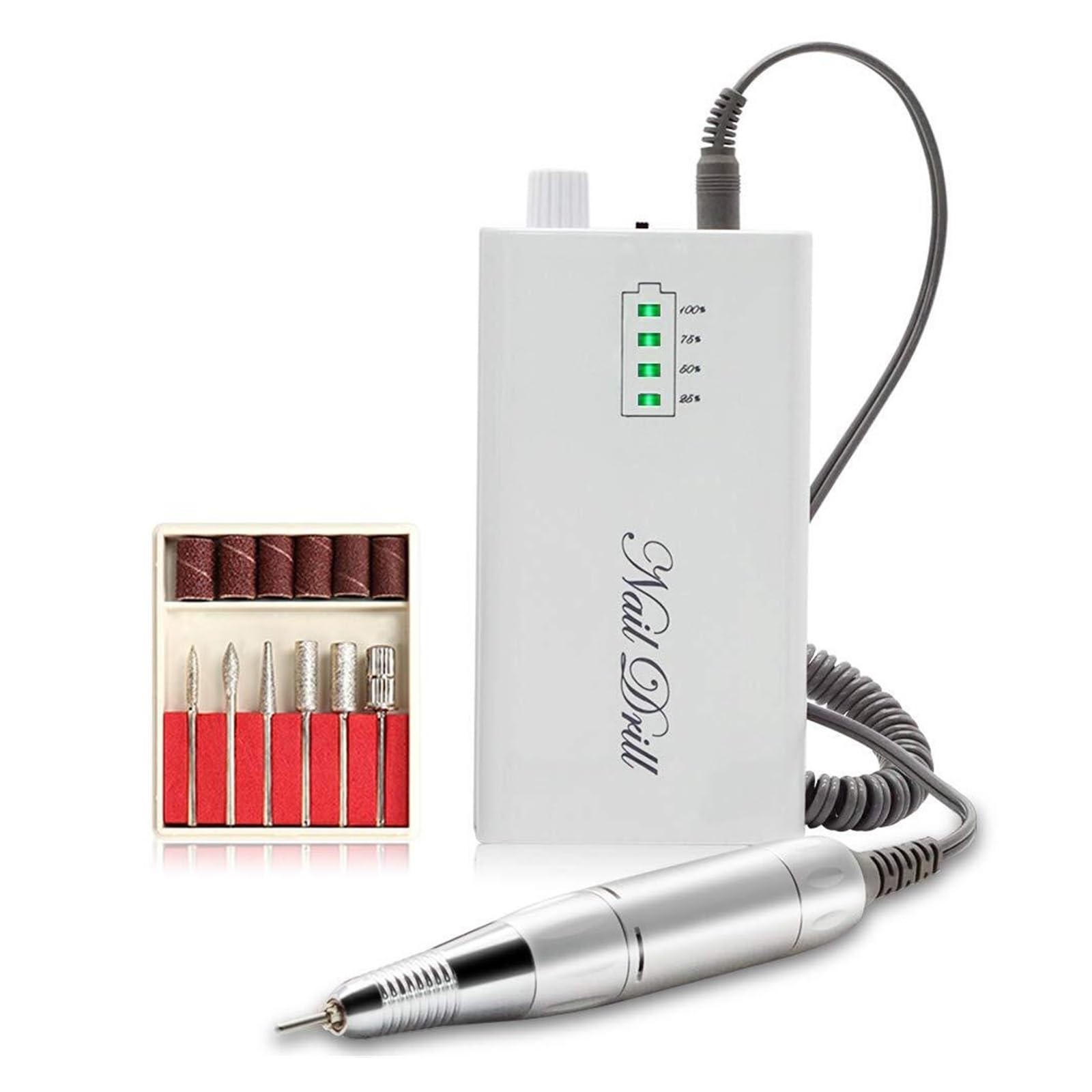 Torno de Uñas Eléctrico, Taladro de uñas eléctrico inalámbrico portátil de 35000RPM, removedor de gel acrílico, kit de brocas for lima de uñas, equipo de pulido de uñas(Bianco)