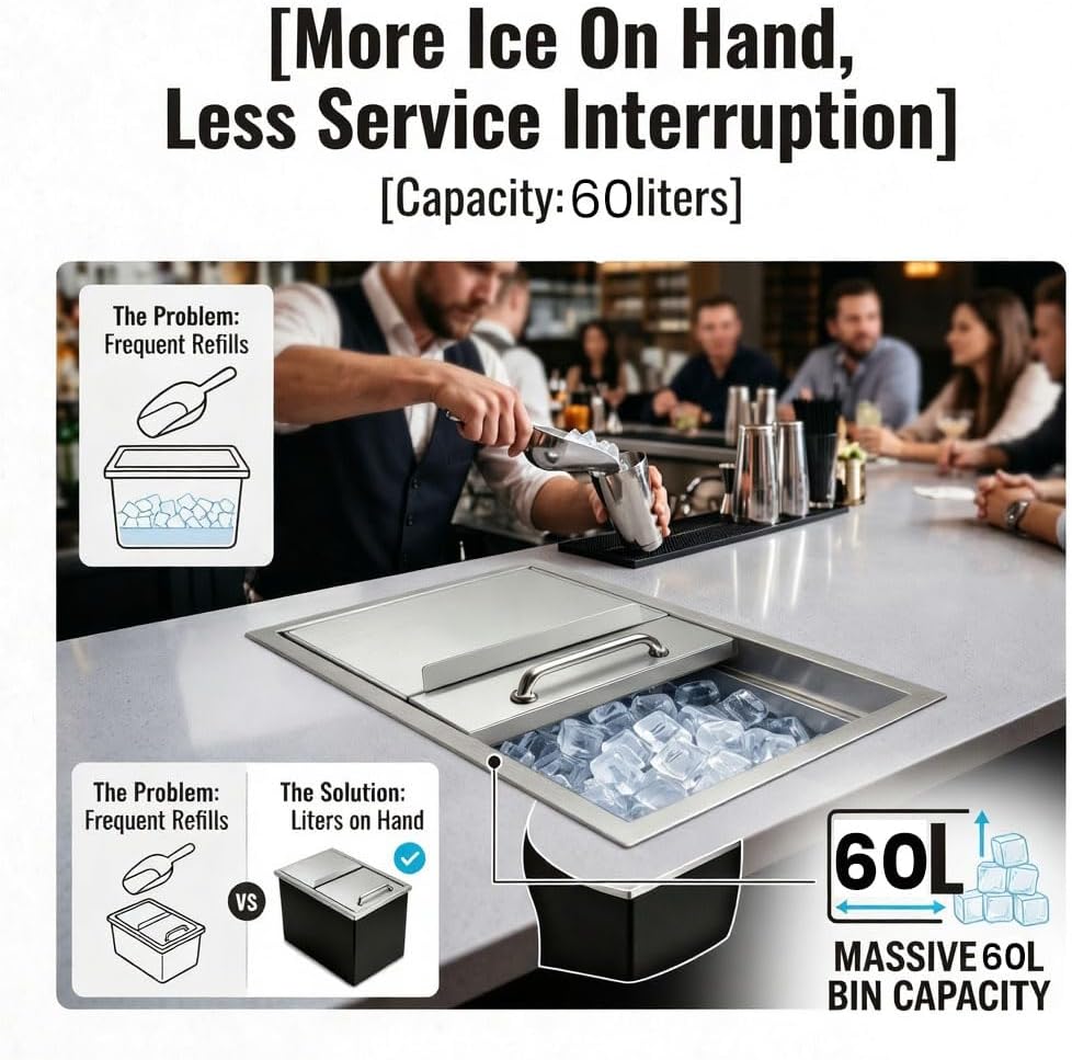 Drop in Ice Chest, 18"L x 12"W x 15"H Stainless Steel Ice Cooler, Commercial Ice Bin with Smooth Sliding Cover, 55 Qt Drop in Cooler Included Drain-Pipe & Plug for Outdoor Kitchen & Bar, Wine & Beer