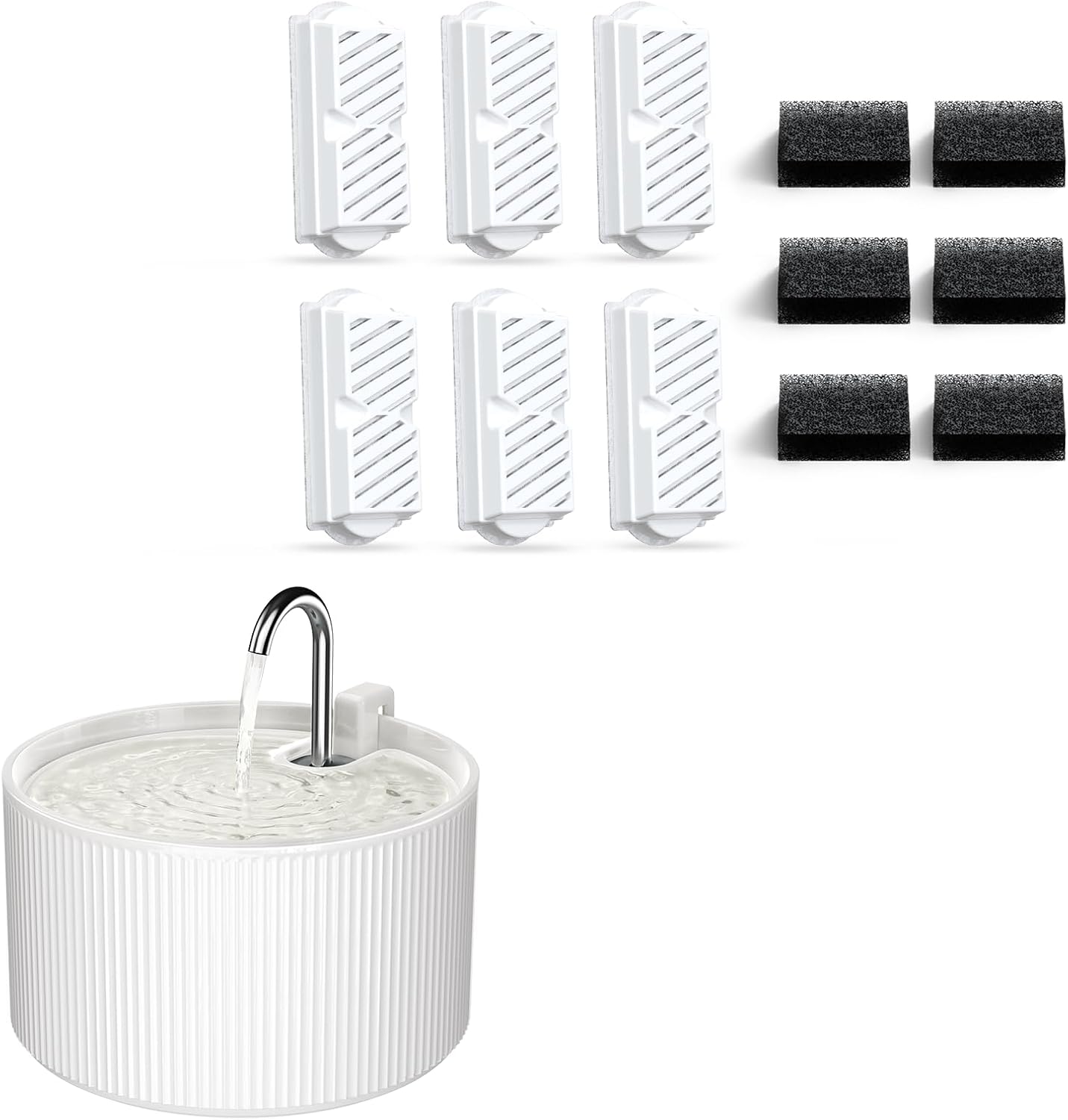 Ceramic Cat Water Fountain, 2.2L/74oz Cat Fountains for Drinking Indoor with 6 Replacement Filters and 6 Pre-Filter Sponges