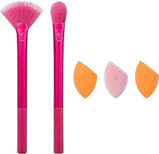 Real Techniques Limited Edition Starlite Nights Brush + Sponge Kit, Makeup Brush & Makeup Blending Sponge Set, For Concealer, Foundation, & Powder, For Matte or Dewy Skin, 5 Piece Gift Set