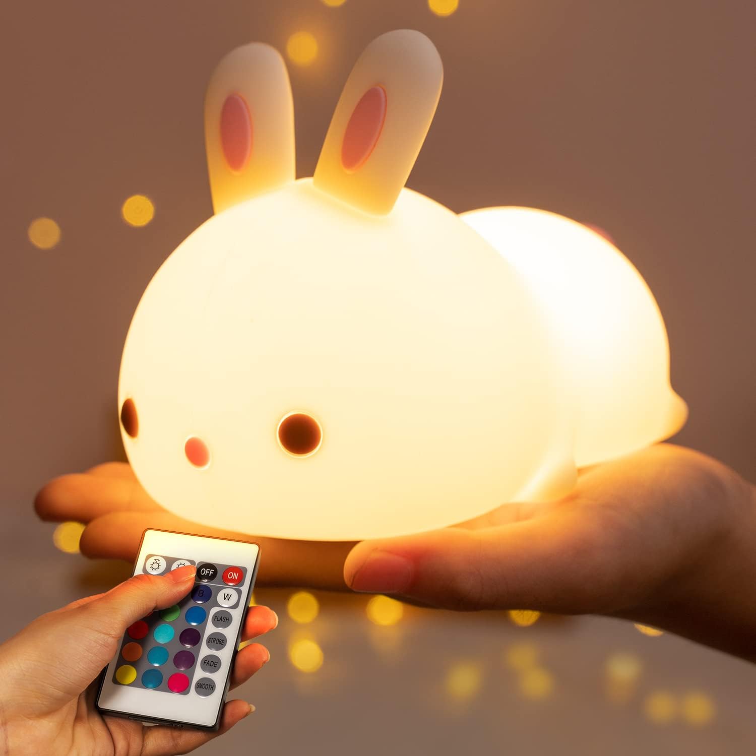 Cute Bunny Night Light, 7 Colors & Remote, Dimmable, Rechargeable Kids Night Light for Bedroom