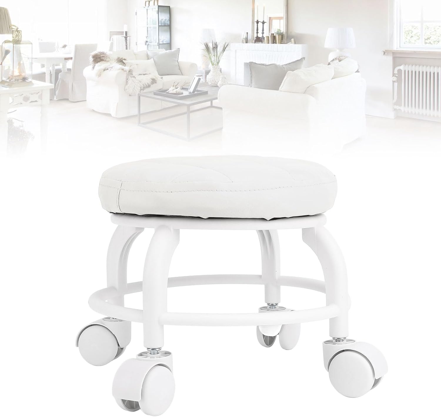 Low Roller Stool, 9.84 x 1.97 x 9.06in PU Leather Seat Mute Wheel 360° Swivel Round Chair Universal Caster Sitting for Home, Office, Garage, Shop (White)