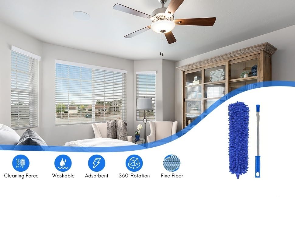 Image of Microfiber Feather Chenille Duster for Dust Cleaning with extendable Pole 100 Inch with Anti Scratch Bendable Washable Duster with High Cobweb Stick for High Ceiling Fans, Furniture - Blue