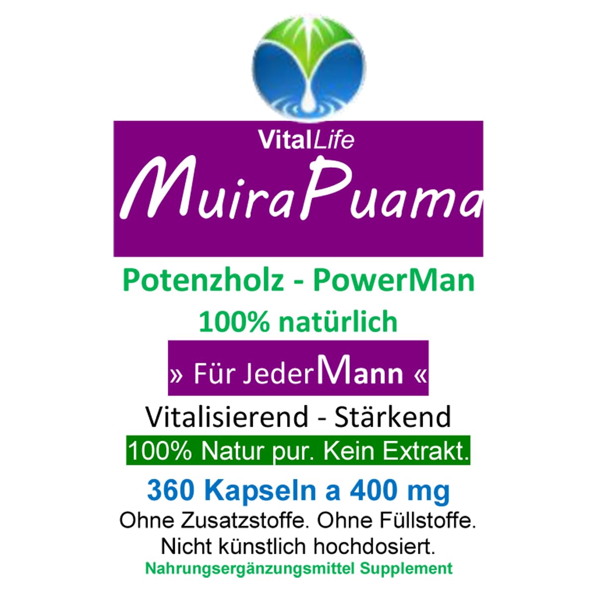 Potenzholz Potenzbaum Muira Puama 360 Kapseln POWERMAN Rindenpulver für Mann & Frau - NATUR PUR ohne ZUSATZSTOFFE. 26890-360