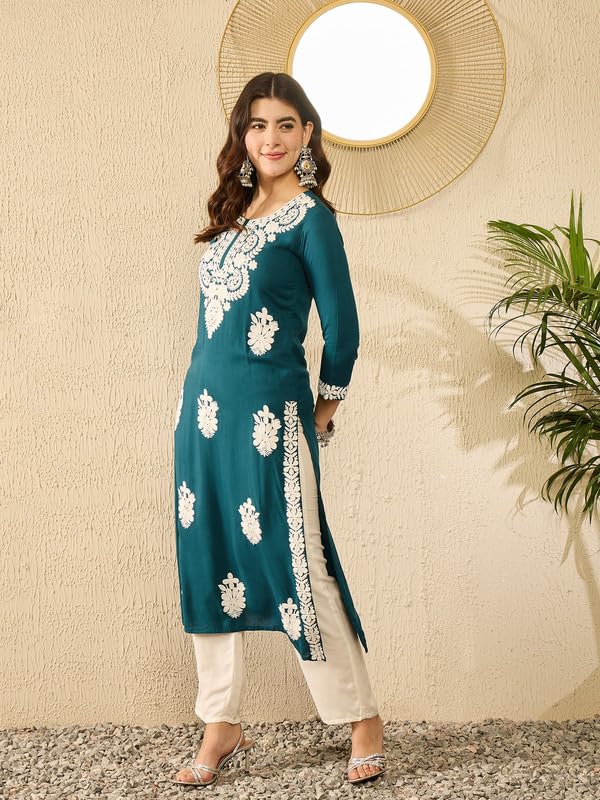 Image of Vaamsi Women's Viscose Rayon Solid Embroidered Straight Kurta | Chikankari Kurta for Women