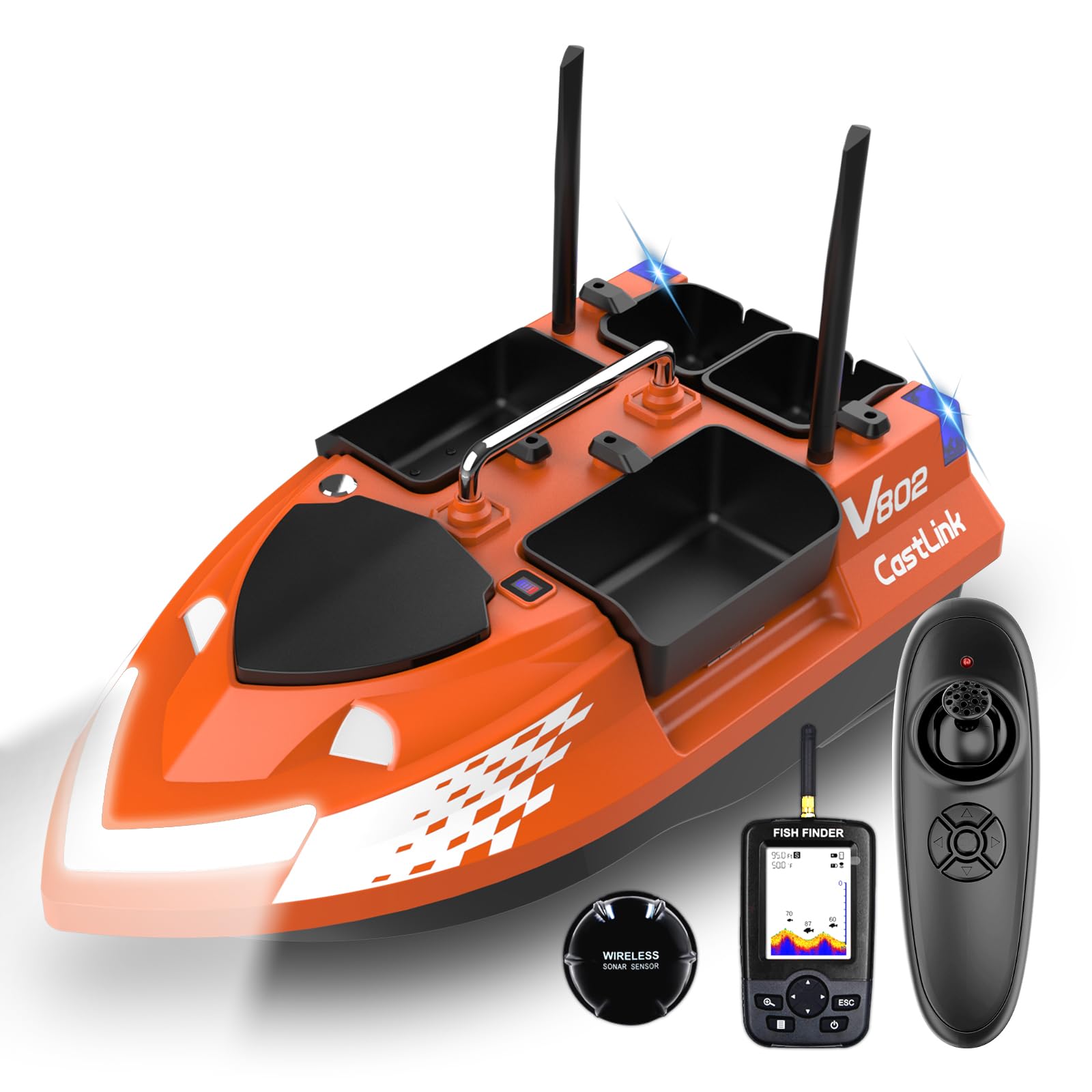 4 Boxes RC Bait Boat & Fish Finder for Fishing with 6.6lbs Load Capacity, 18000mAh Battery & Dual Motor&Antena for 500M Range Bait Deployment, Fish