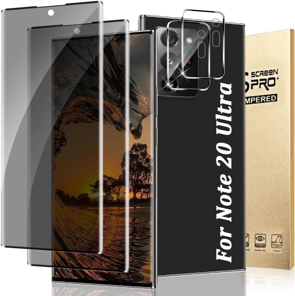 2+2 Pack For Galaxy Note 20 Ultra Privacy Screen Protector with Camera Lens Protector 3D Full Coverage 9H Tempered Glass Scratch Resistant Touch Sensitive Bubble-Free Easy Installation (6.9 Inch)