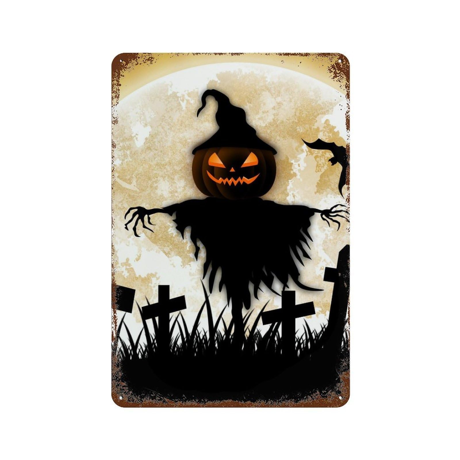 Halloween Scarecrow Moon Wallpaper Rusty Metal Tin Sign 11.8"x7.9", Classic Wall Plaque for Pub, Kitchen And Man Cave Decor
