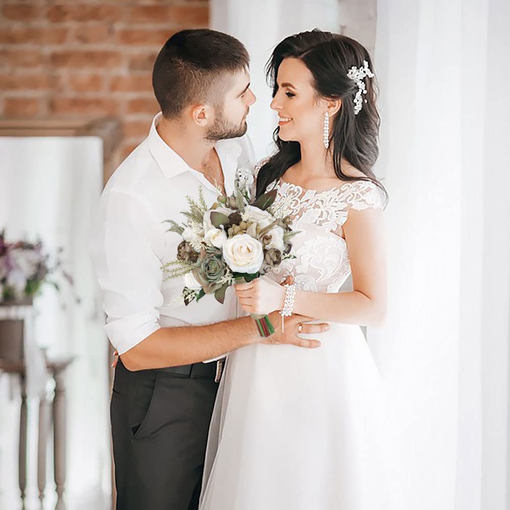 Fouriding Brautstrauß Braut Brautjungfer Brautjungfern Blumensträusse Hochzeit Rosen Blumenstrauß künstlicher Rosenstrauß Bouquet Deko Cremig