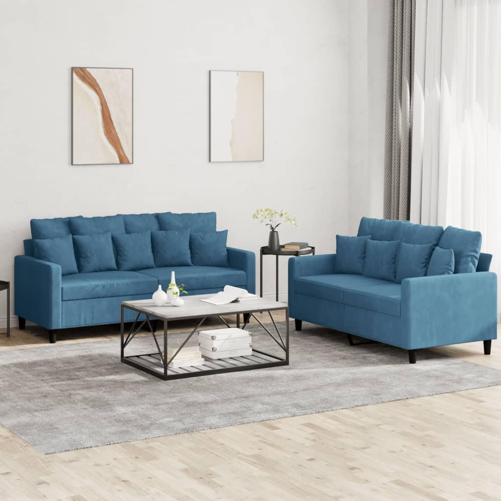 Set di 2 divani in velluto blu, comodo divano a 2 posti con cuscino, robusto telaio in metallo, per soggiorno, design moderno, 120 cm e 140 cm